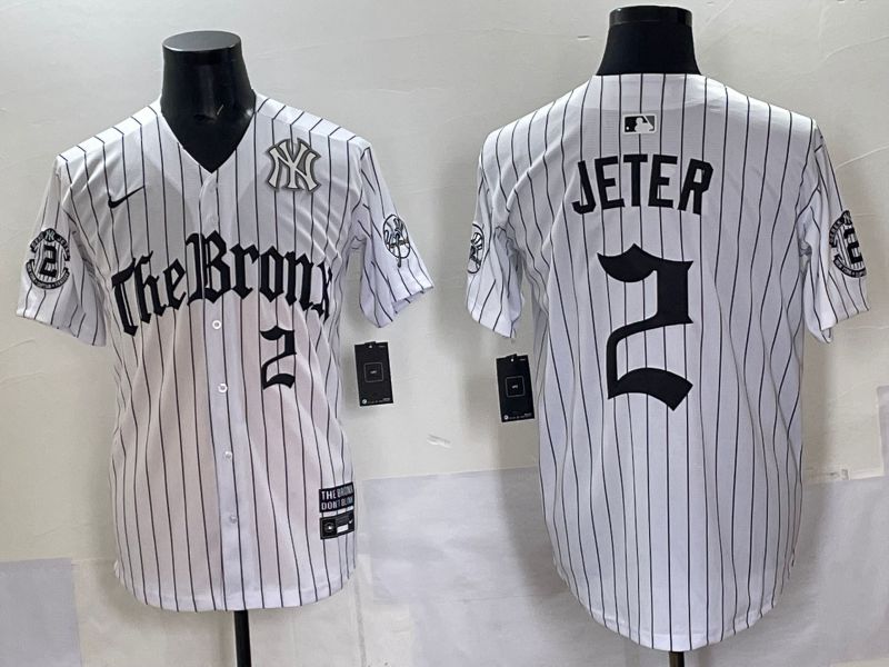 Men 2025 New York Yankees #2 Jeter White Stripe Five generations Joint Name Nike MLB Jersey style 05